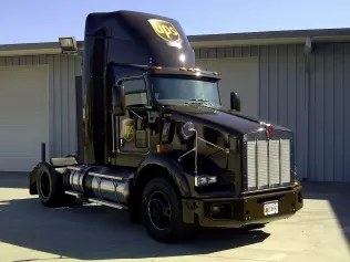 An LNG-powered truck tractor in UPS livery