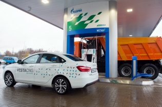 A Lada Vesta refueling at the new CNG station by Gazprom in Moscow